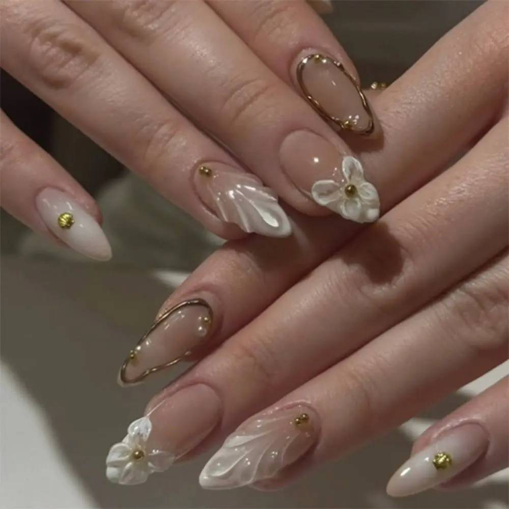 24pcs Manicure Long Almond False Nails Gilded Flower Pearl Star Bow Press on Nails French Detachable Fake Nials DIY