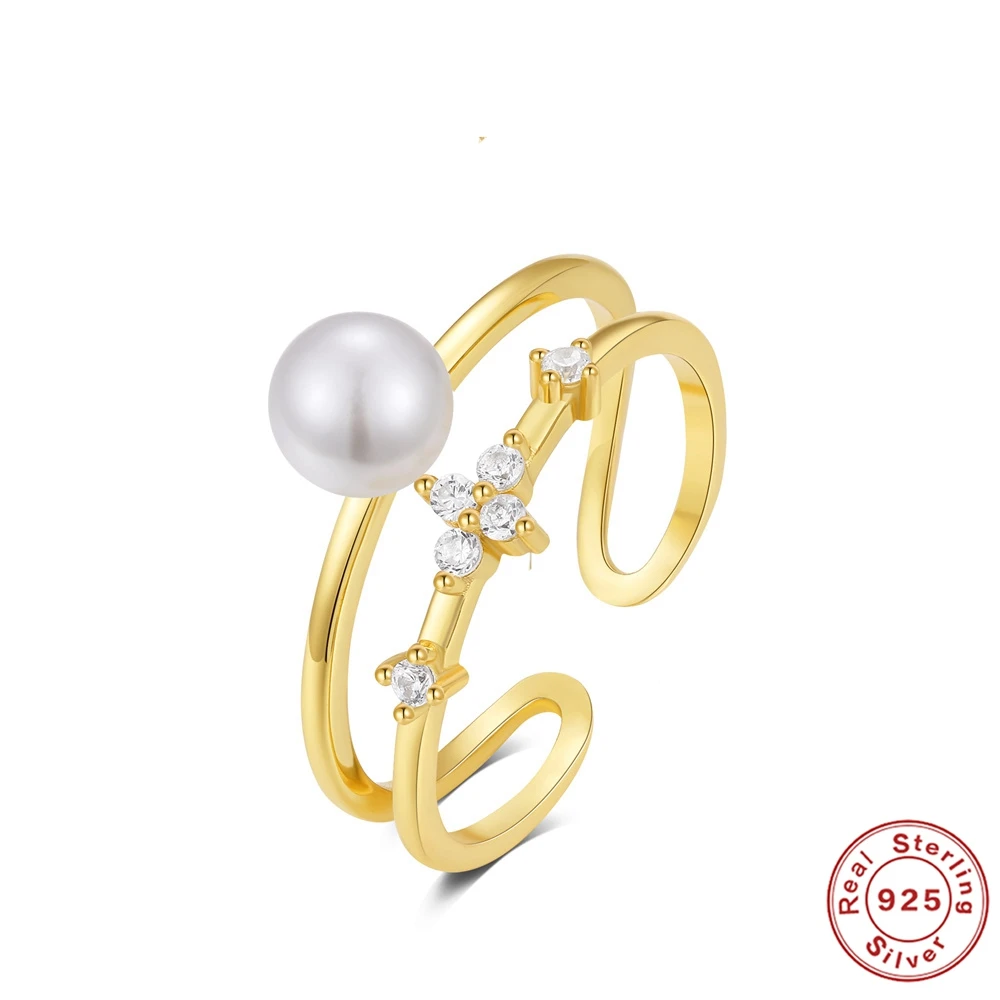 AIDE 925 Sterling Silver Women Wedding Ring Star/Moon/Flower Double layered Micro Zircon Pearl Ring Party Dinner Jewelry Gift