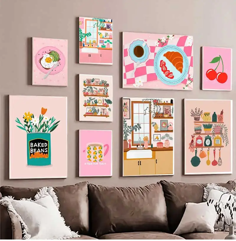 1pc frameless Abstract Coffee Cherry Strawberry Plant Wall Art Canvas Painting Nordic Posters And Prints Wall Pictures For Pink