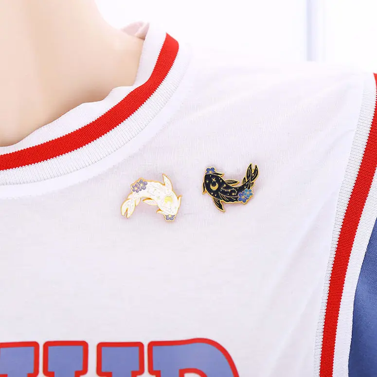 Celestial Koi Fish Enamel Pin Set, Yin Yang Style Black & White Koi Brooches, Floral Moon Star MetalBadges with GoldTrim,Jackets view 2