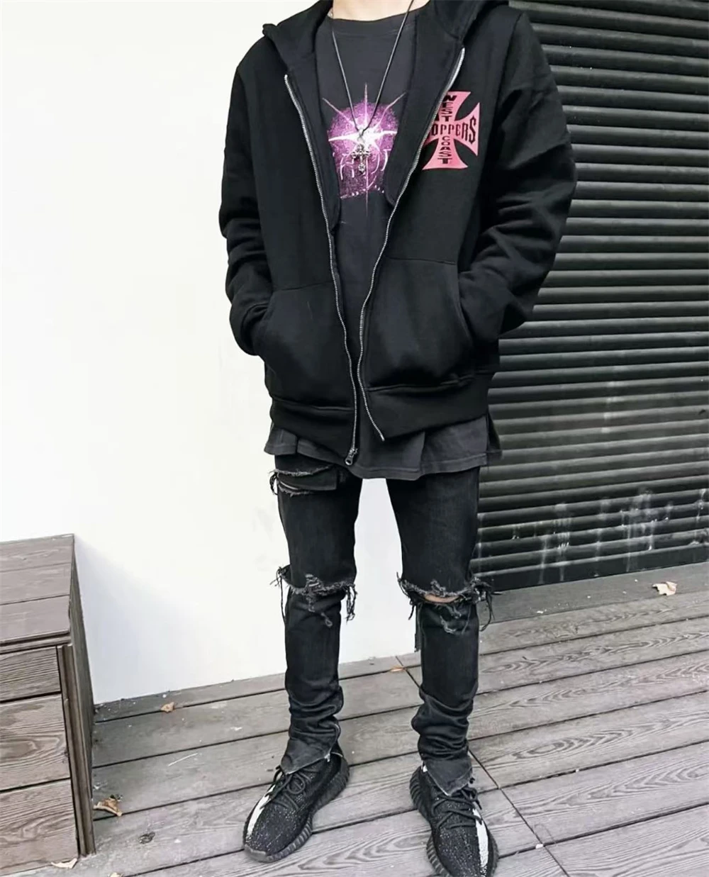 25ss West Coast Choppers المرقعة سستة مقنعين الرجال النساء النسيج الثقيل غسلها معطف أسود السترة