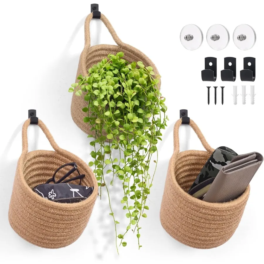

Fabric Wall Hanging Baskets 3Pack Woven Pouchs Boho Style Wall Mounted Bag with Adhesive Hooks Storage Organizers and Decoratio