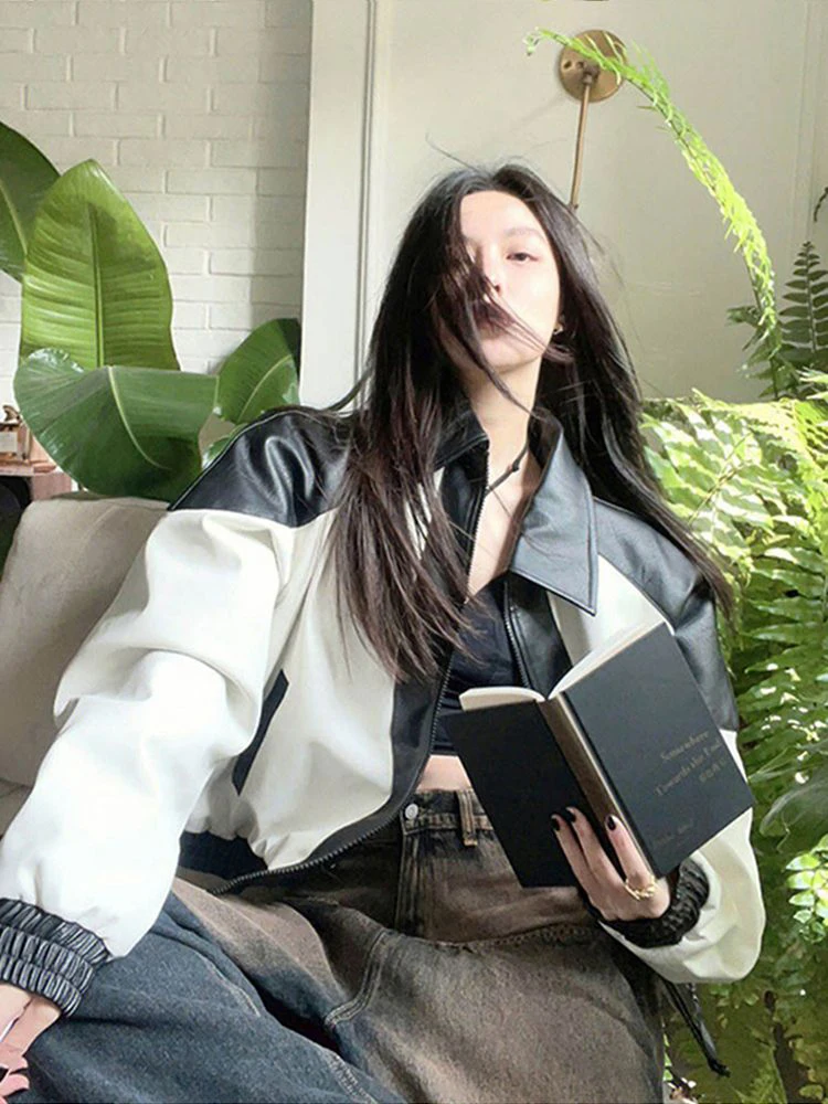 ريترو بلا اللون الأبيض بلو الجلود Jaet المرأة البيسبول Sle ملابس خارجية الخريف فضفاضة تناسب Faionable سستة إغلاق