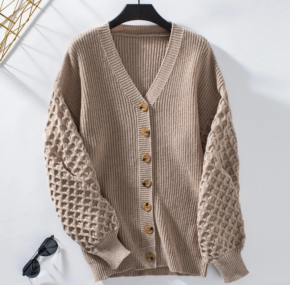 Luie Damesjas 2024 Herfst Winter Nieuwste Retro Losse Trui Met Lange Mouwen Open Voorkant Lantaarnmouw Cardigan Top