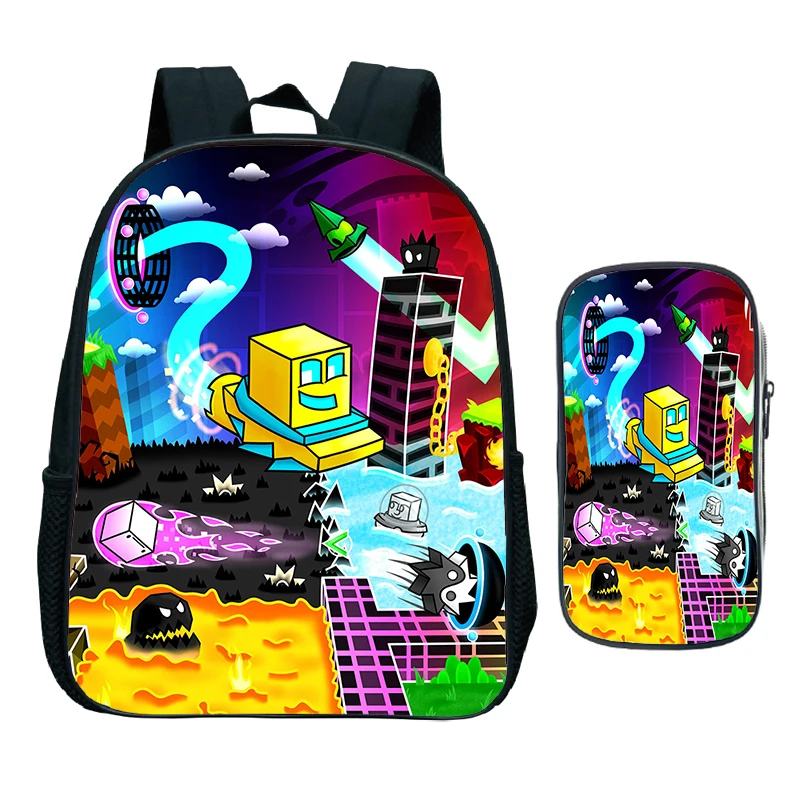 

2pcs Cartoon Geometry Dash Backpack With Pencil Case Set Kids Anime Bookbag Toddler Boy Girl Kindergarten School Bags Mochila
