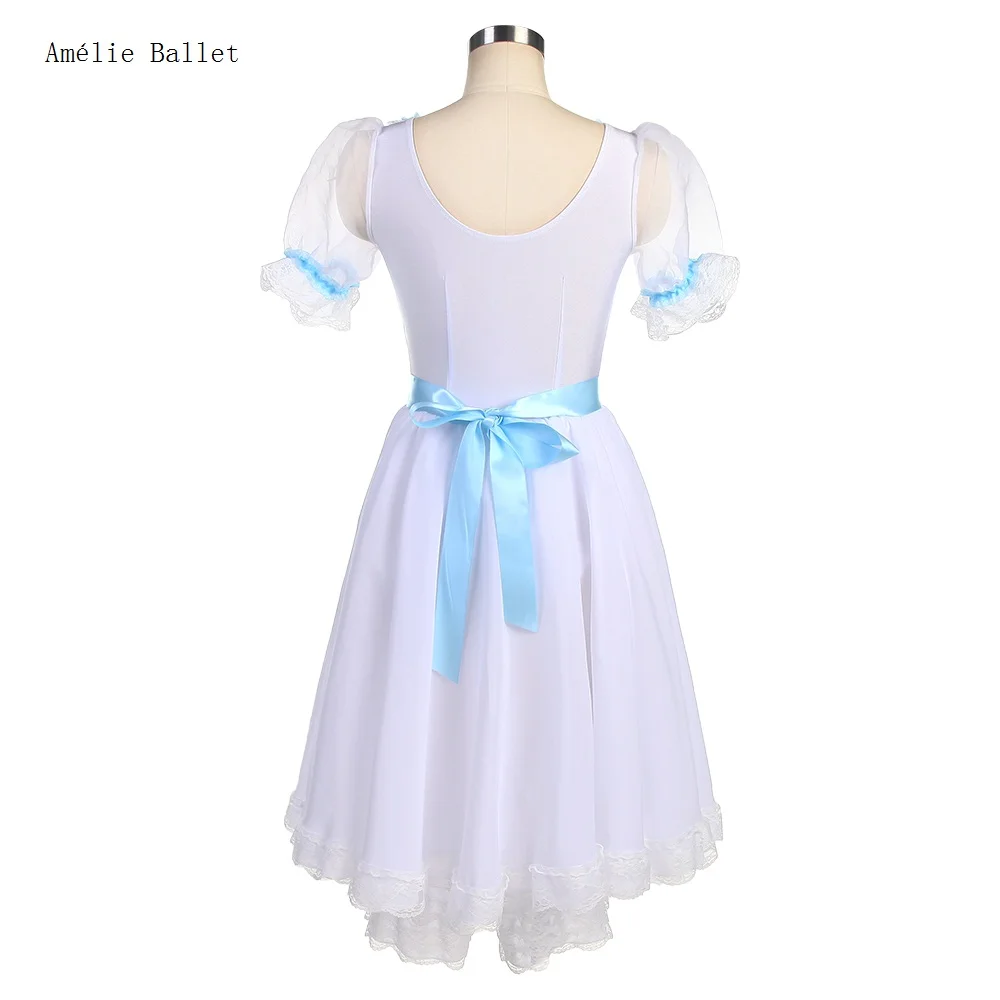 23150 Puff Sleeves Ballet Dance Tutus Gilrs White Spandex Bodice with Blue Ribbon Trim in the Waist Attached Romantic Tutu Skirt