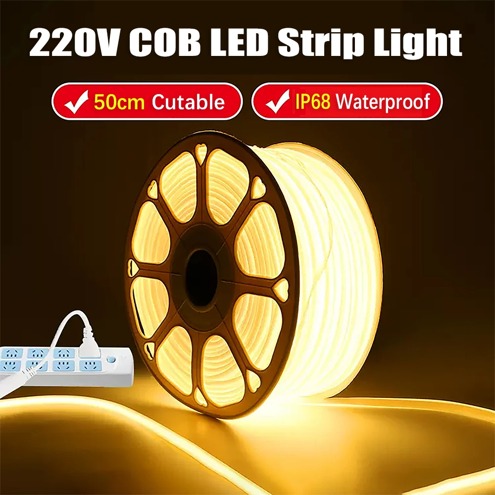 COB Led Strip 220V High Brightness 12W/M waterproof IP68 Flexible Led Light Strips For Kitchen Cabinet Outdoor Garden Lighting