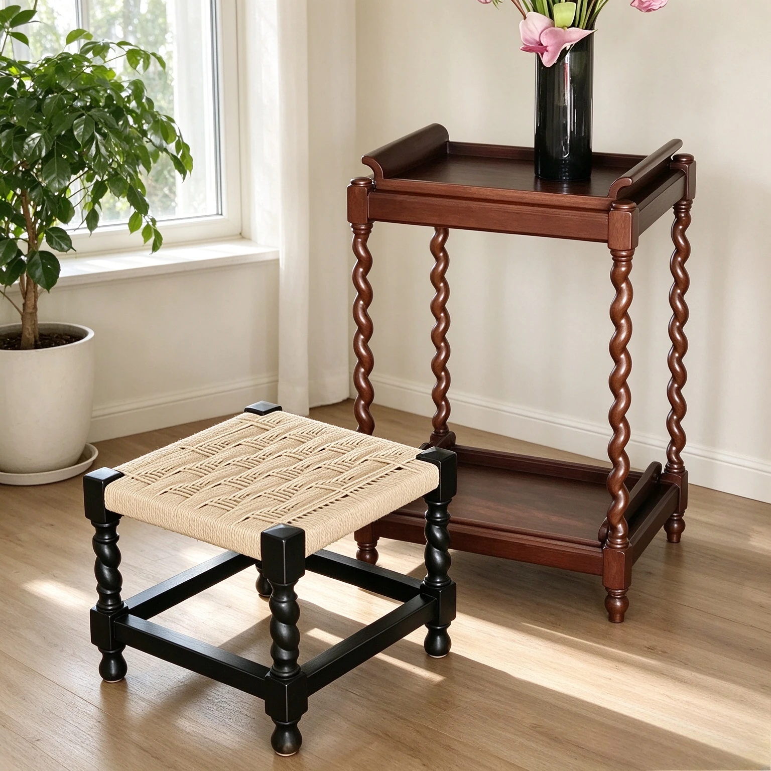Solid Wood Side Table with Display Shelf, Vintage Space Saving Organizer for Living Room, Bedroom and Small Apartment Decor