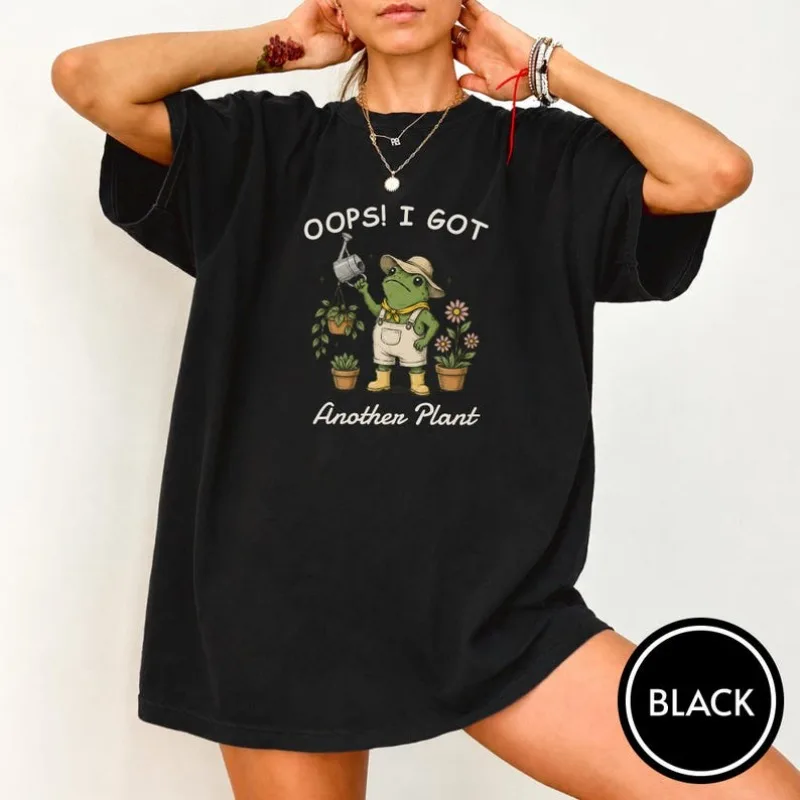 Women Oops I Got Another Plant Graphic T‑Shirt Funny Gardener Frog Print Short Sleeve Tee Plant Lover Casual Loose Top