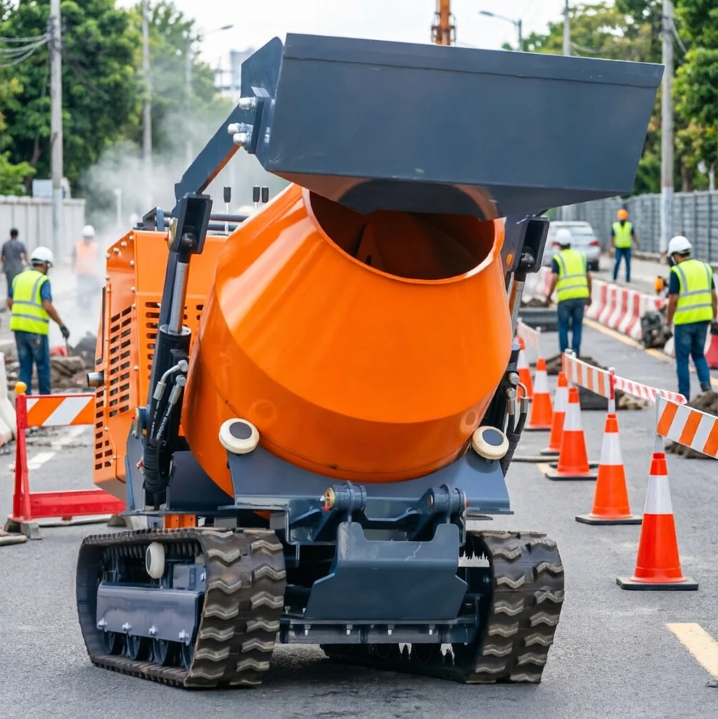Mini Crawler Rotary Concrete Mixing Barrel Hydraulic Self Loading Hopper Farm Road Crack Repair Mortar Mix Machine For Sale