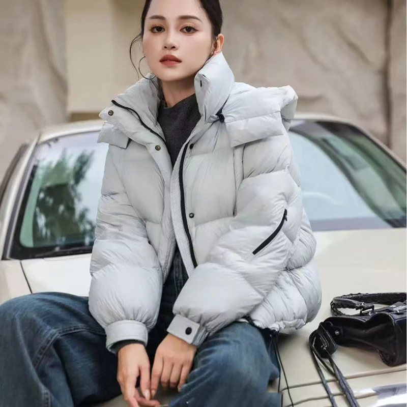 Zimowa Elegancja Krótka Kurtka Puchowa z Kapturem Damska Biała Kurtka z Puchu Kaczego ze Sznurkiem Damska Gruba Ciepła Luźna Kurtka Parker Odzież Wierzchnia