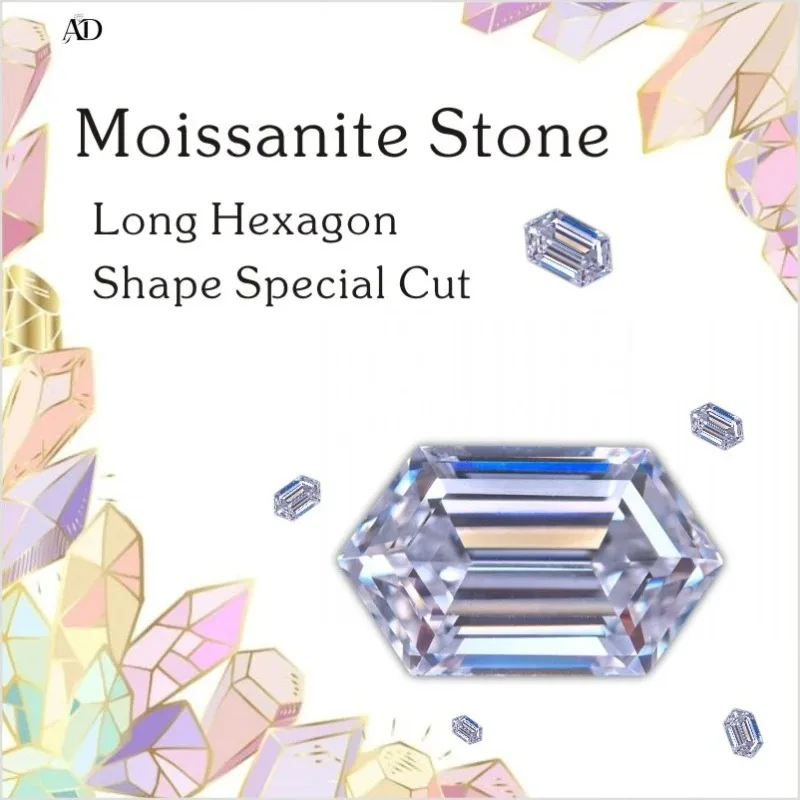 

Moissanite Diamond D Color Long Hexagon Shape Special Cut Lab Grown Gemstone for DIY Charms Jewelry Making with Certificate