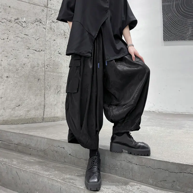 Streetwear Men Harem Pants High Street Black Wide-leg Trousers Hip Hop Jogging Pants Side Pocket Cargo Pants Oversized