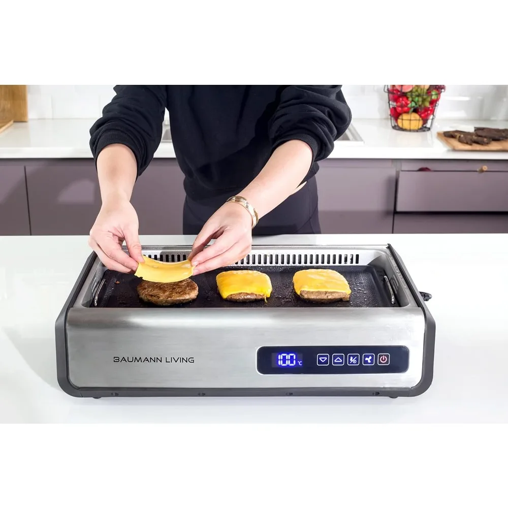 Indoor Smokeless Grill 1500W with Smart LED Touch Screen, Tempered Glass Lid, 2 Removable Ceramic Nonstick Grill