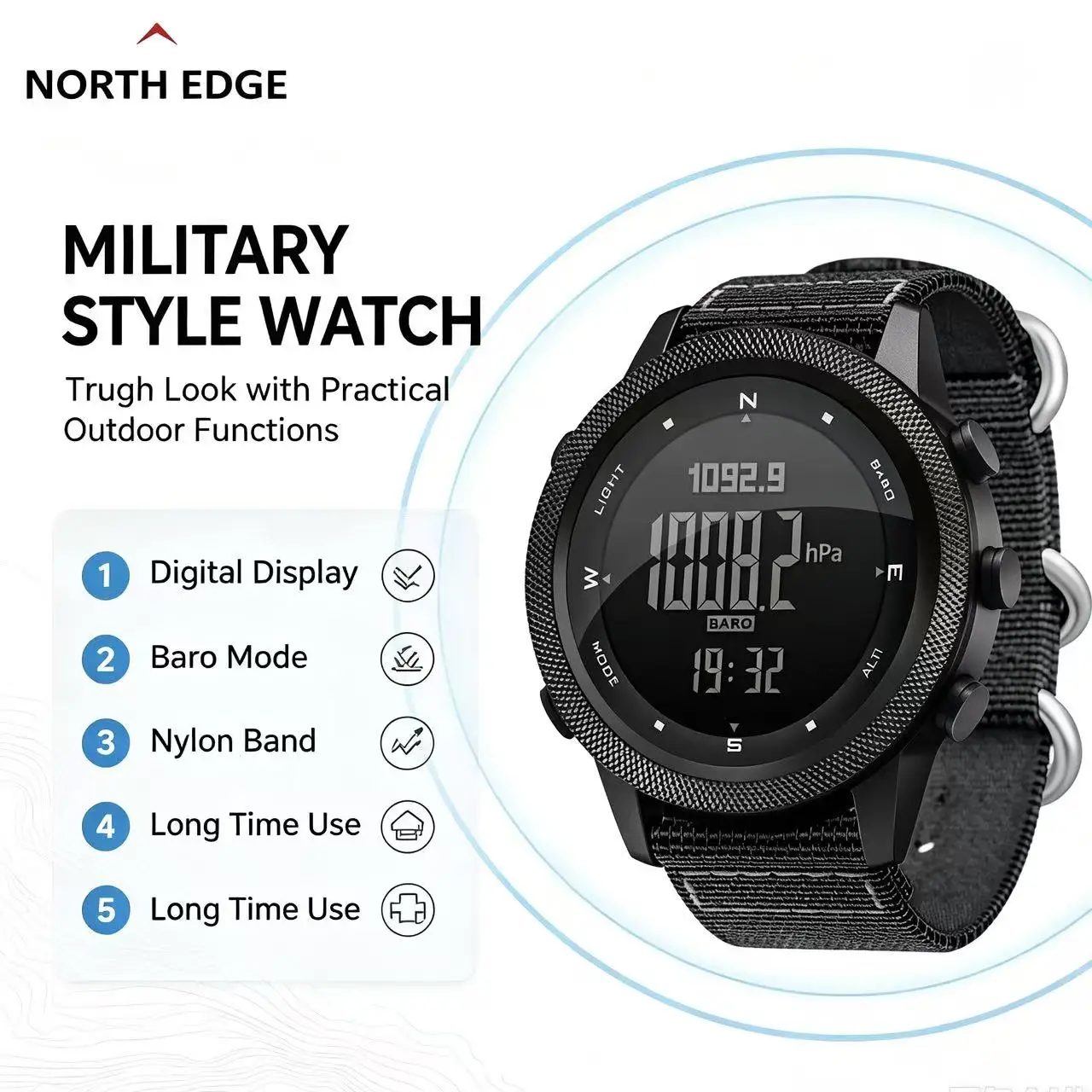 Military Digital Watch For Men NORTH EDGE AP46 Altimeter Barometer Compass 50ATM Waterproof Outdoor Sport Wristwatch