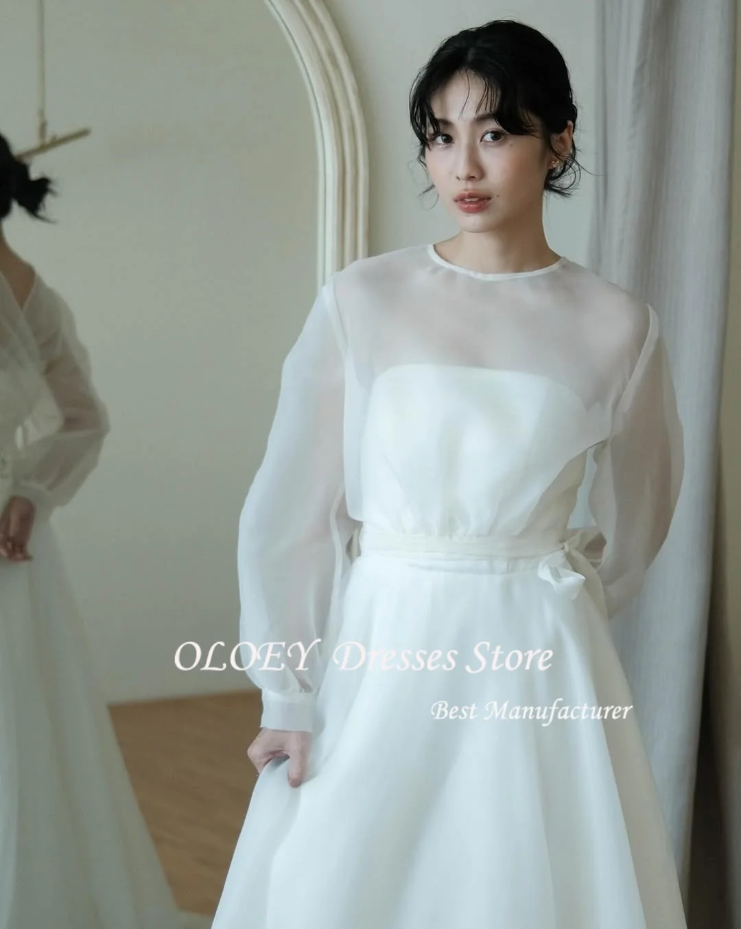 OLOEY Prosta suknia ślubna w stylu koreańskim, linia A, do sesji zdjęciowych, z miękkiego tiulu, długa do podłogi, elegancka suknia ślubna, suknie ślubne z gorsetami szytymi na miarę.