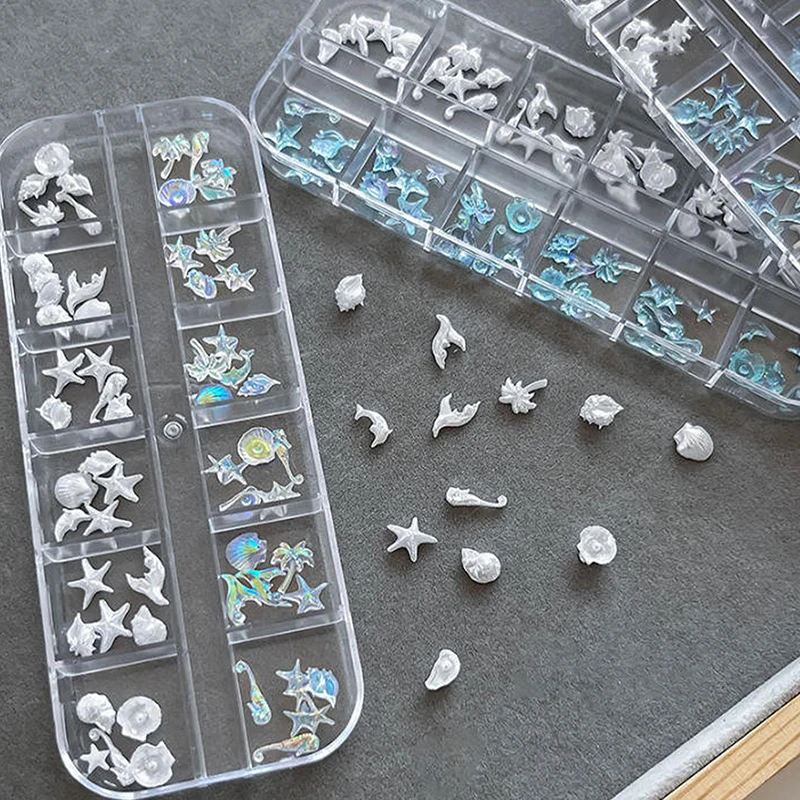 12Grid 60Pcs Ice-clear Seashell Starfish Ocean Series Nail Charms Resin Accessories Nail Art Decorations 3D Mixed Shell Manicure