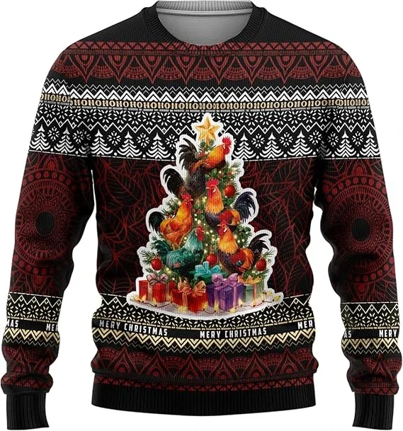 Rooster 3d Printed Ugly Christmas Sweater Cute Xmas Tree Graphic Sweatshirts Fashion for Man Jumper Sweaters Unisex Tops