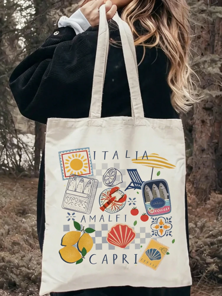 1 Stück Capri Italia Muster Tragetasche Strandtasche Shopper-Taschen Handtaschen Canvas Schultertaschen Damen Einkaufstaschen Hohe Kapazität Geschenk