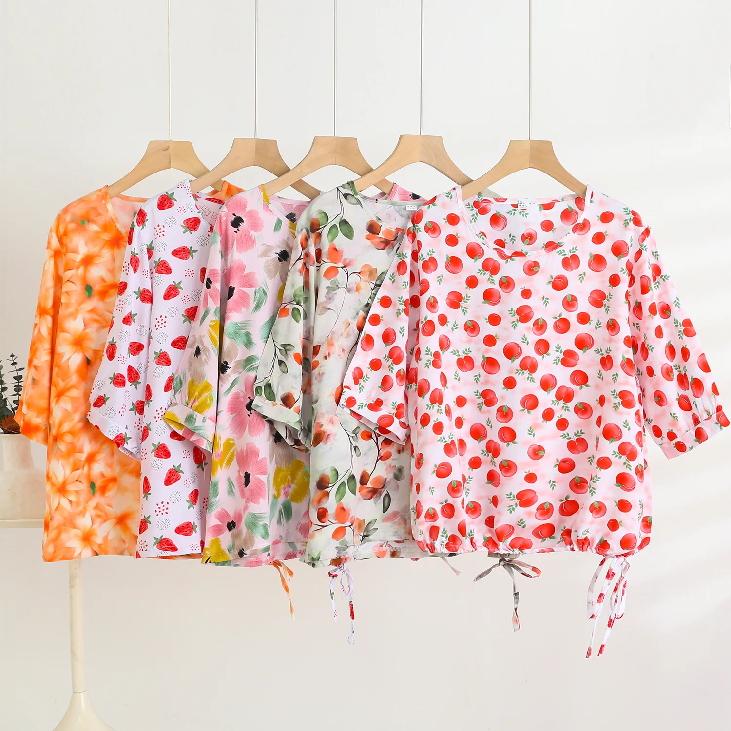 

Summer Floral O Neck Tshirts half sleeves Viscose drawstring T-shirts Streetwear Women's tee tops Plus size