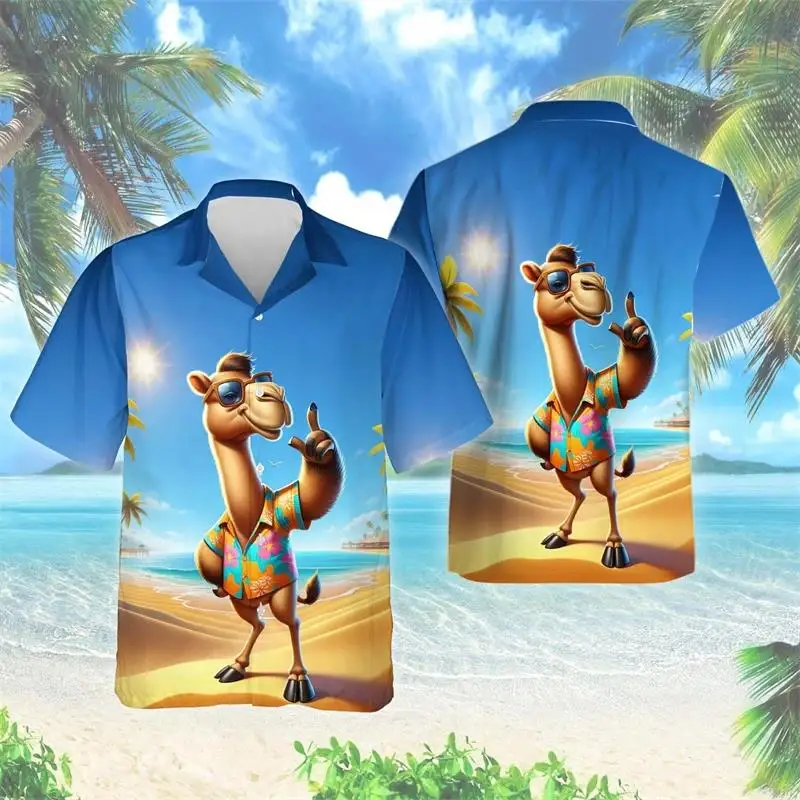 Funny Camel 3D Print Beach Shirt Casual Hawaiian Shirts Men Clothes Aloha Animal Lover Short Sleeve Desert Boy Lapel Blouse