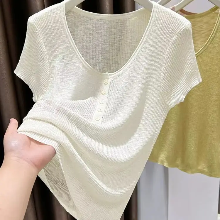 

White Button Round Neck Knit Short Sleeve T-shirt Women Summer Thin Slim Fit Basic Inner Tops