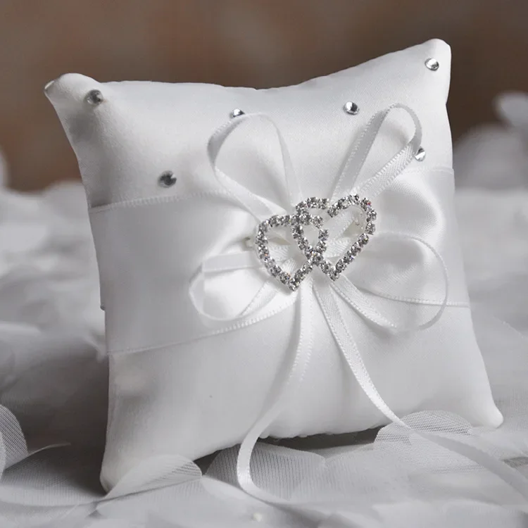 Romantic Ring Pillow 10x10cm Bridal Wedding Double Heart Ribbon Cushion Decor