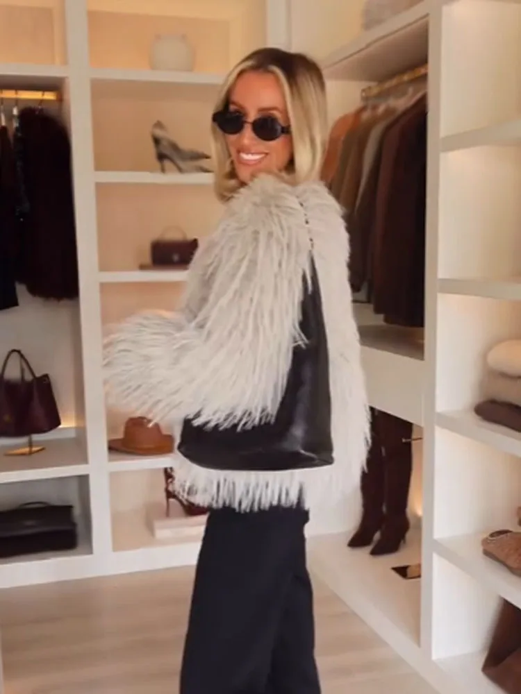 HH نساء موضة الصلبة س الرقبة طويلة الأكمام الطبيعية تقليد معطف الفرو الشتاء الإناث الدافئة عادية فضفاض أبلى جيوب سترة