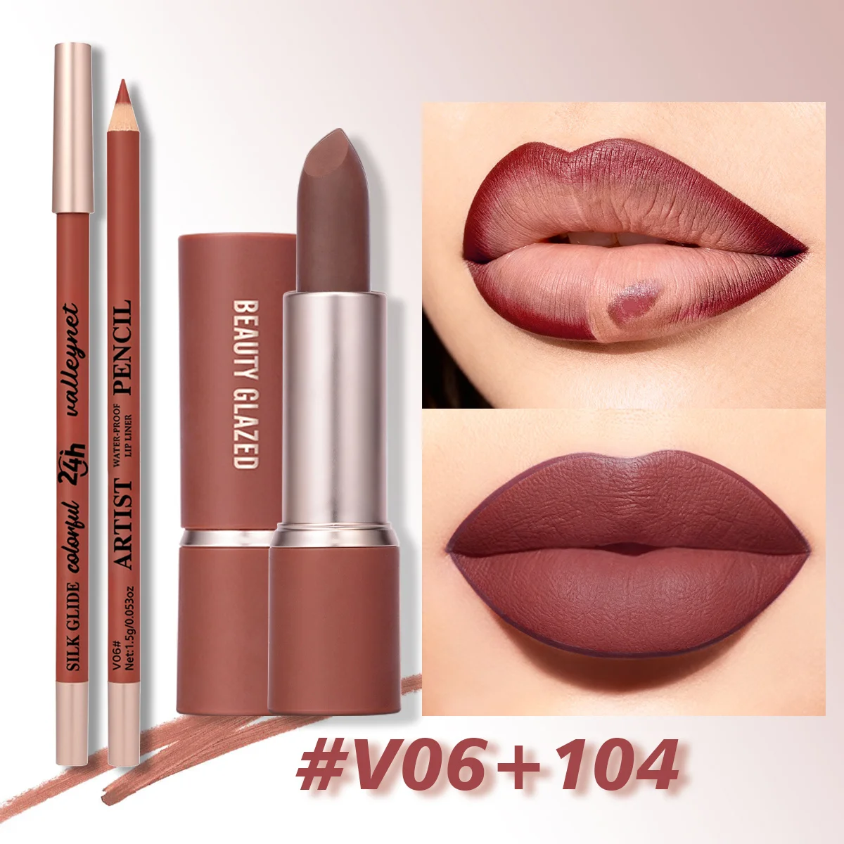 2Pcs/Set Matte Velvet Lipstick and Lip Glaze Set Long Lasting Waterproof Pink Tones Everyday Makeup Look Lip Combo Set - view 2
