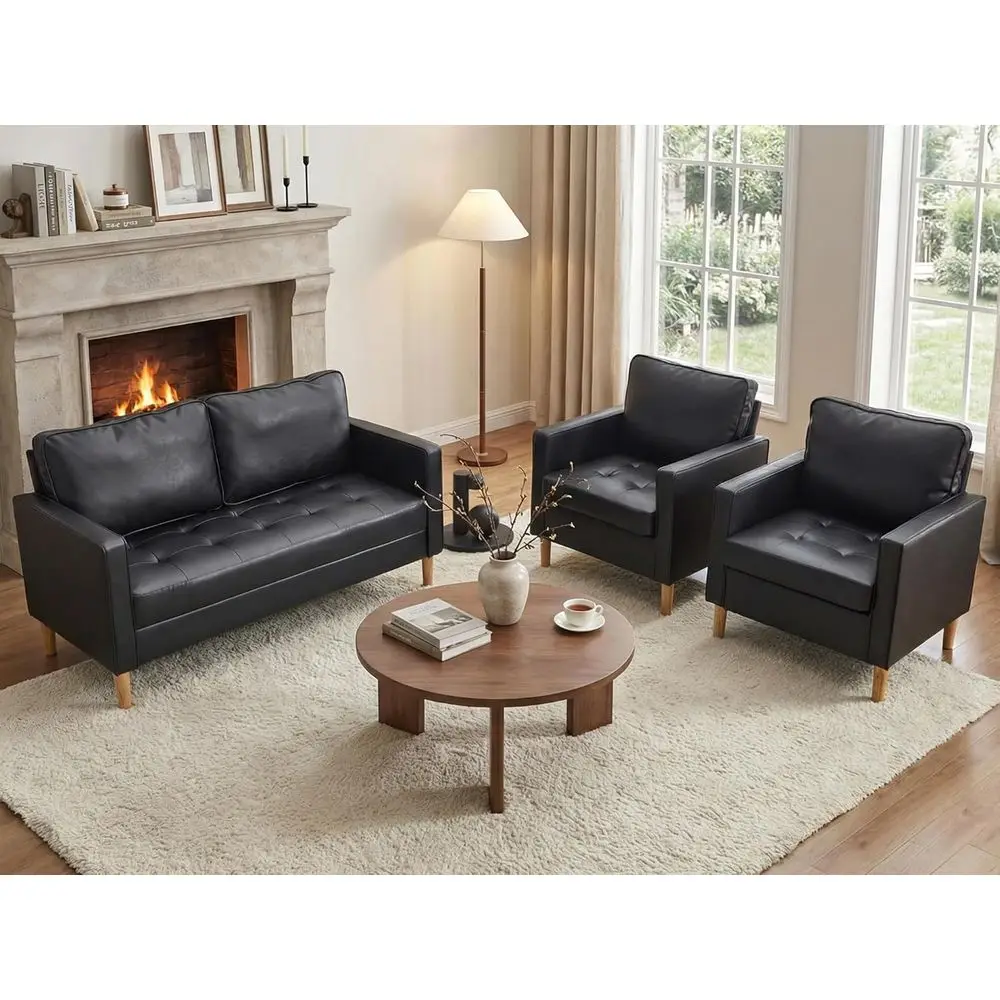 

Компактный черный кожаный комплект для гостиной из 3 предметов: диван и кушетка для современного комфорта в небольших помещениях