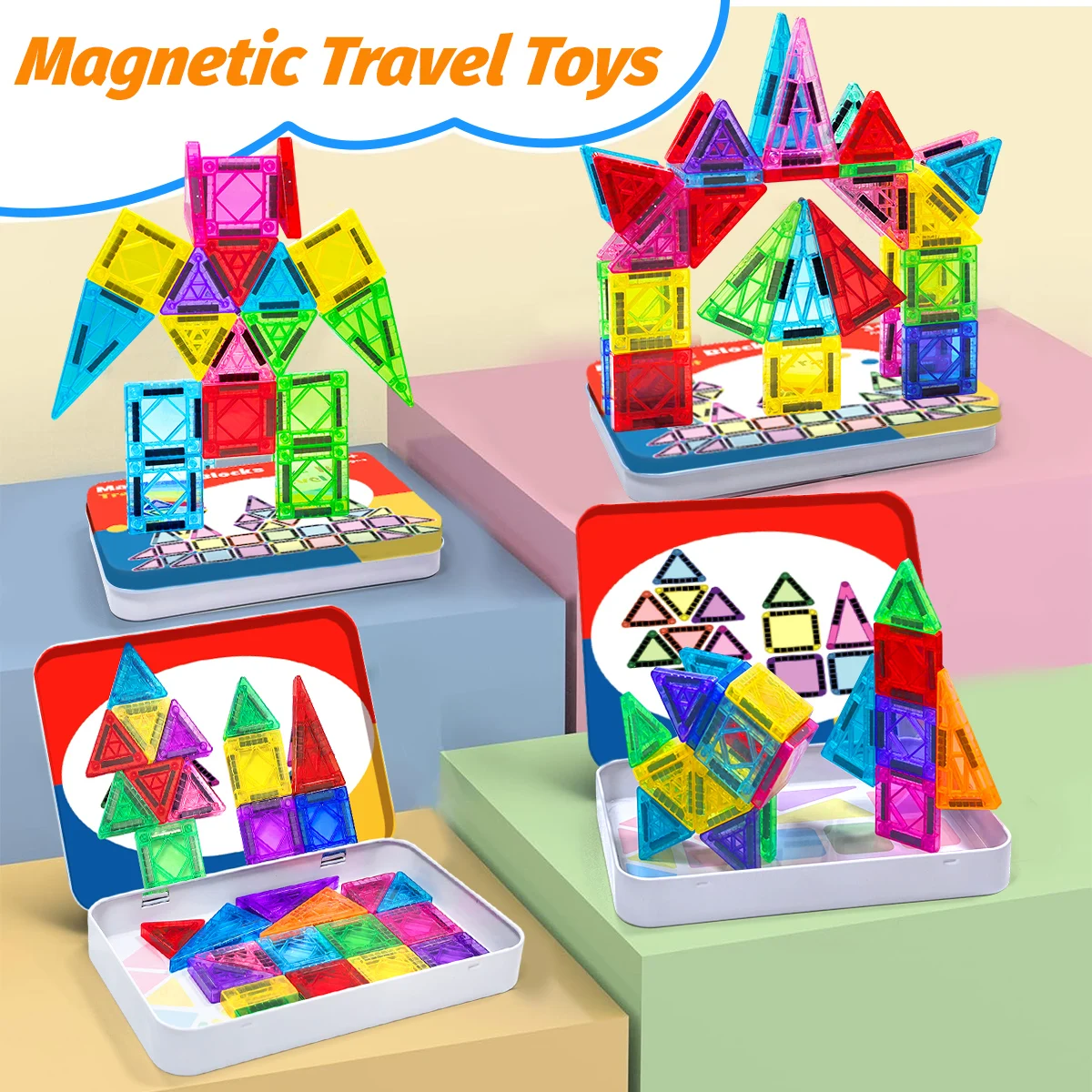 ชุดตัวต่อแม่เหล็ก 62 ชิ้น ชุดก่อสร้าง DIY ของเล่นเสริมพัฒนาการแบบมอนเตสซอรี่ สำหรับเด็กอายุ 3 ปีขึ้นไป พร้อมกล่องเหล็ก