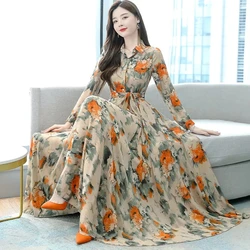 2024 Spring Long Sleeve Beach Maxi Dress Korean Fashion Chiffon Elegant Blue Tunics Casual Floral Evening Dresses For Women