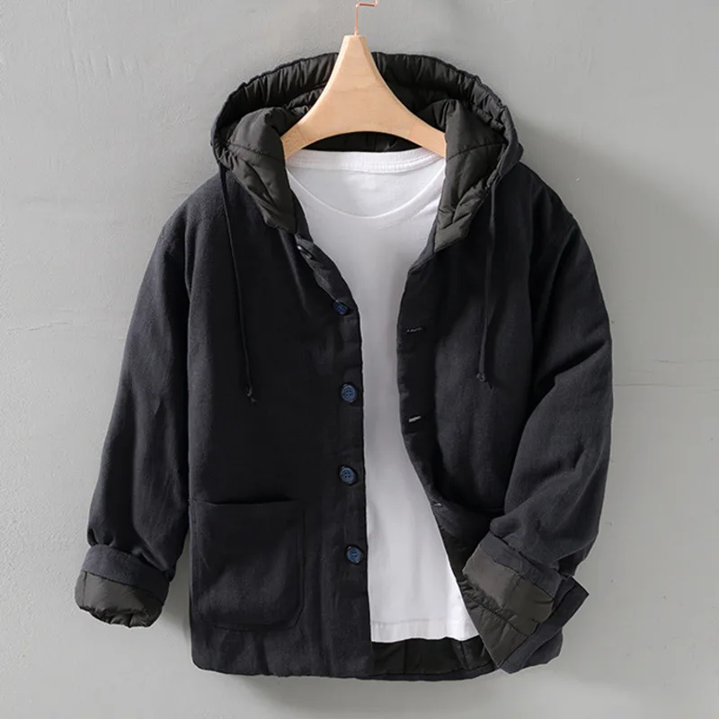 Winter Chinese Style Buckle Men Hooded Warm Cotton Padded Jacket Casual Versatile Loose Wadded Outwear Coat Male Clothing