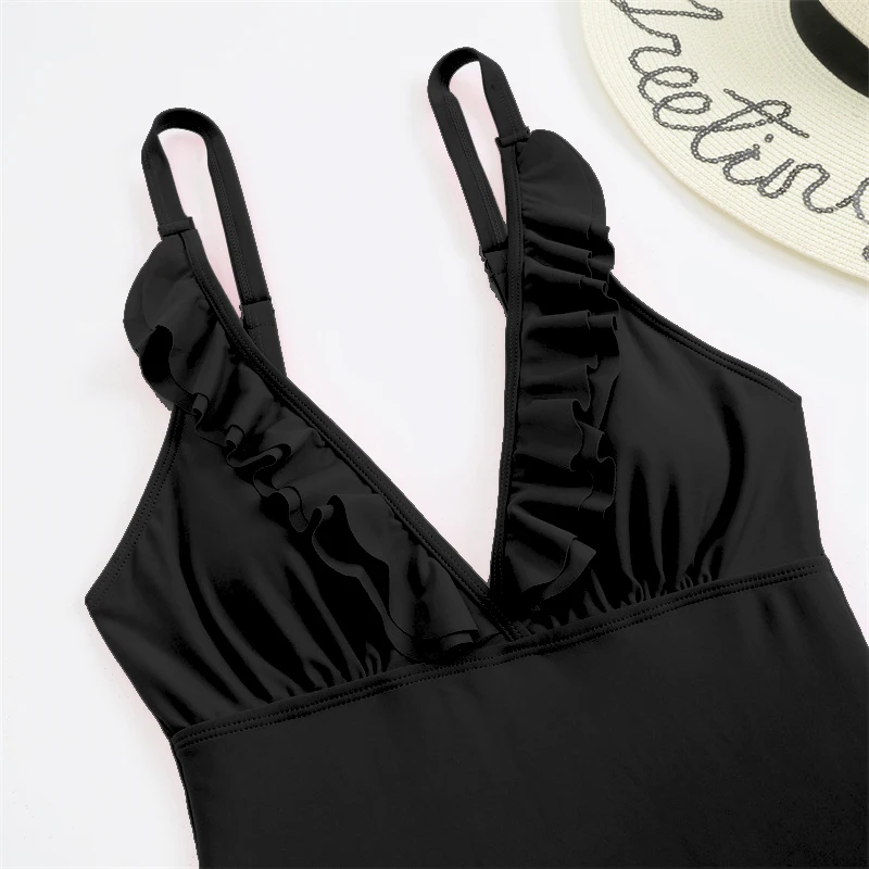 One Piece Swimsuit For Women Swimwear 2022 New Monokini Sexy Solid Black Ruffled Beachwear Bathing Suit Female Clothing Summer