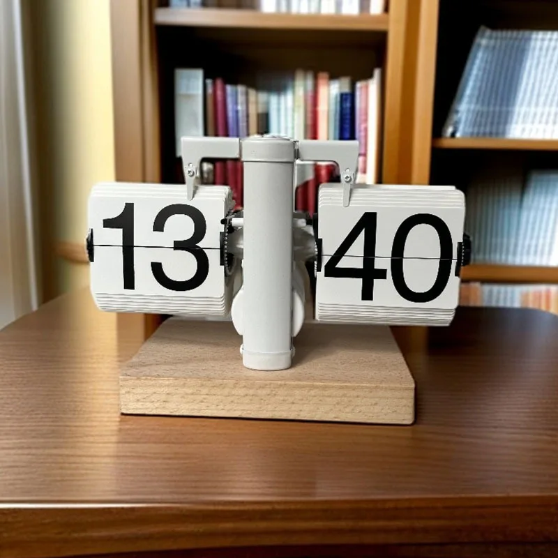 Retro Automatic Flip Clock Solid Wood Base Mechanical Digital Clock Creative Desk Decor Ornament