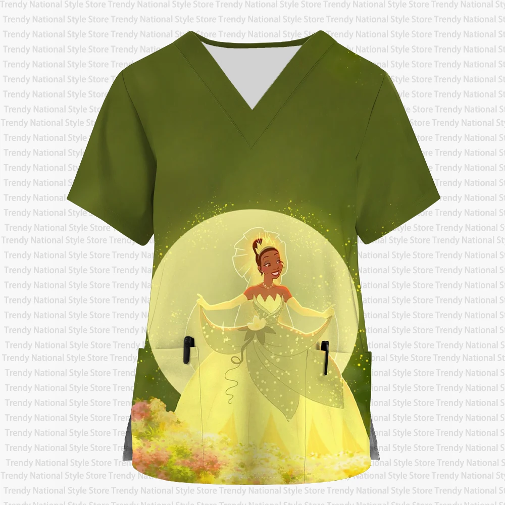 2026 Disney Princess Tiana Infermieristica Stampa smerigliata Negozio di animali Salone di toelettatura T-shirt da lavoro Nuova estate Uniforme da infermiera delle donne