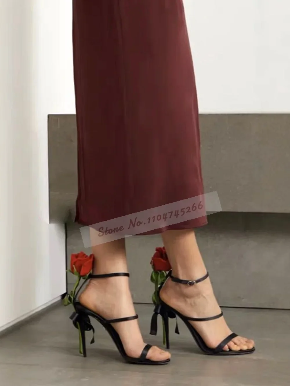 Women 3D Green Leaf Red Rose Heel Sandals Black Satin Narrow Band High Heel Shoes Stiletto Heels Blossom Floral Wedding Shoes