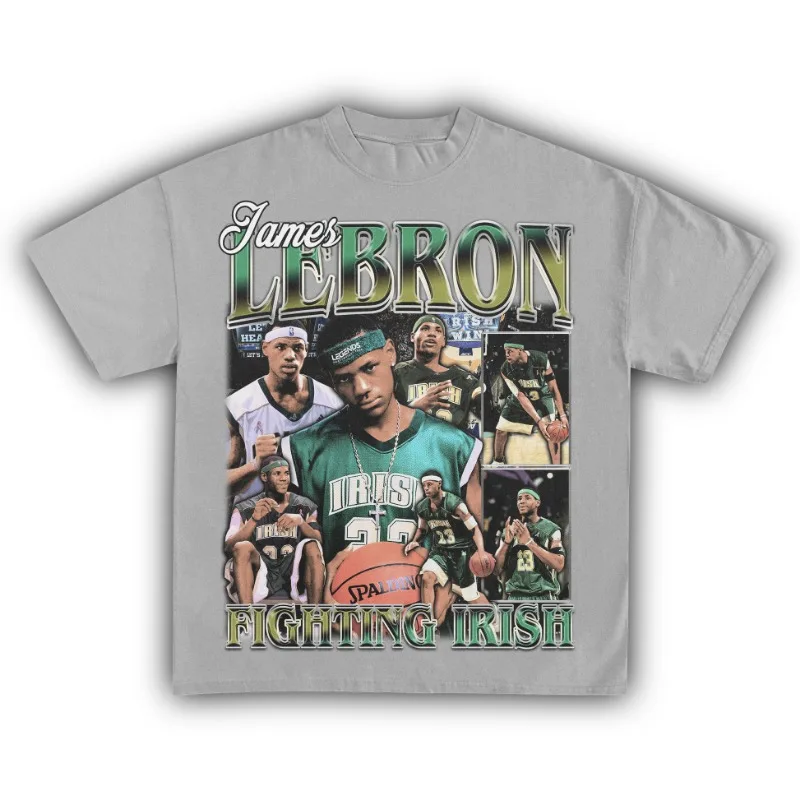 LeBron James Fighting Irish Graphic Cotton T-shirt Women Unisex Fans Essentials Short Sleeve Retro Top Summer Fashion Luxury Tee