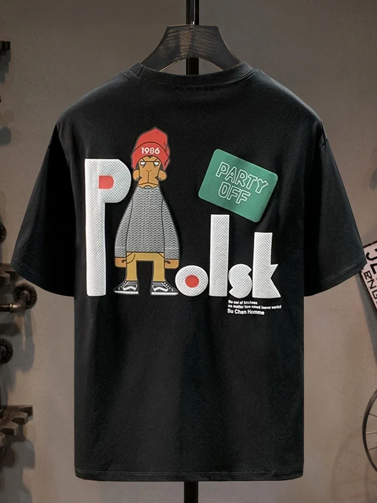 

Мужская футболка в гонконгском стиле с граффити и мультяшным принтом, модный дизайн, повседневная, с коротким рукавом, летняя новинка