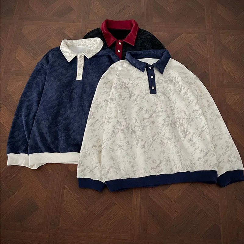 

New Men's Casual Long-Sleeve Polo Shirt Color-Block Collar Loose-Fit Versatile Fashion Shirt Velvet Sweatshirt