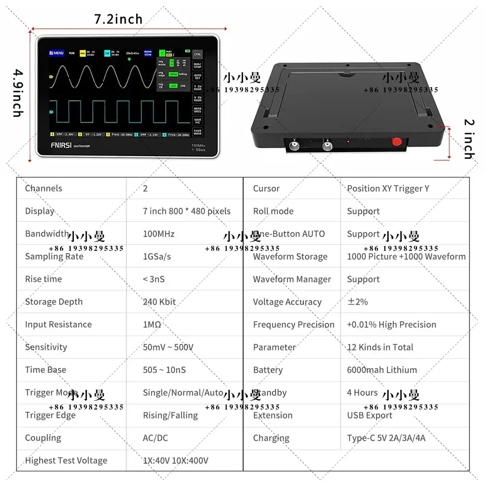 FNIRSI 1013D Plus Tablet Oscilloscope 7inch TFT LCD Touch Screen, 2 Channel 100MHz Bandwidth 1GSa/s Sampling Rate