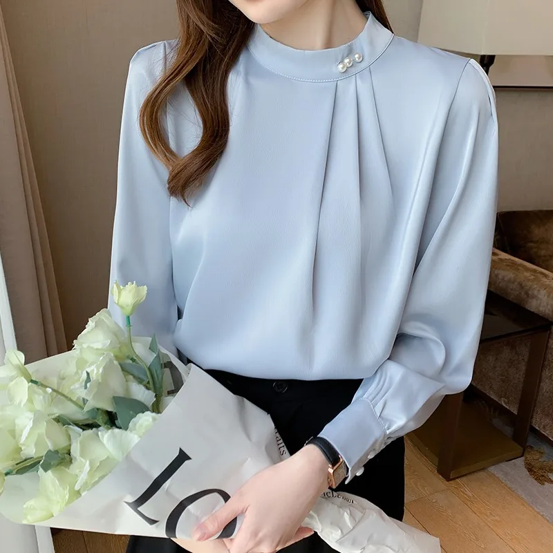 

Vintage Women's Blouses Solid Color Shirts Fashion Loose Summer Korean Clothing Long Sleeved O-neck Chiffon Women Tops