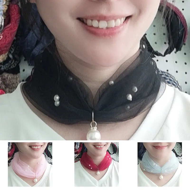 Fashion Solid Color Thin Neck Collar For Women Fake Pearl Pendant Organza Lace Scarf Elegant Female Sunscreen Silk Mesh Scarves