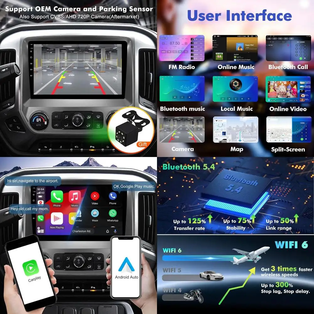 

Автомобильная стереосистема с двойным Din 4 + 64G Android 13 для Chevrolet Silverado/GMC Sierra 2014-2018 с 10,1-дюймовым сенсорным экраном и встроенным Wi-Fi