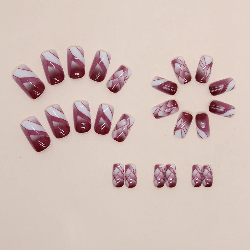 

24Pcs Long Coffin Press-on Nails: Glass Cracked Effect with Burgundy, Milky White & Purple Color Block - Edgy Artistic Style