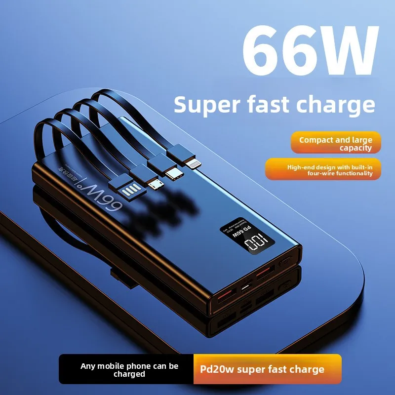 30000 мАч, 66 Вт, внешний аккумулятор, быстрая зарядка, встроенный кабель USB Type-C для iPhone 17, Xiaomi, Huawei, Samsung PD20W