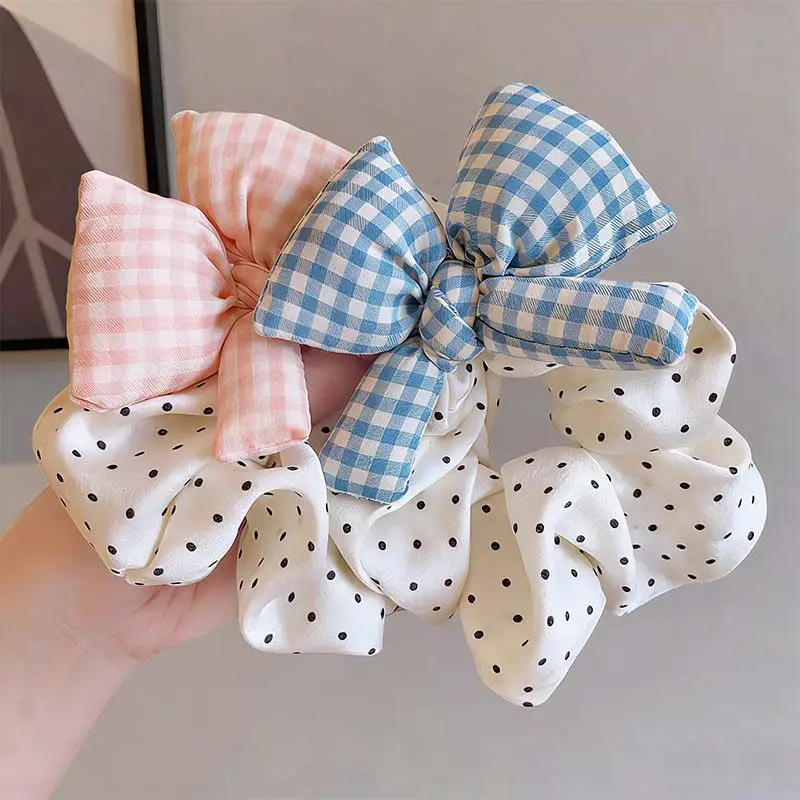 Niedliches kariertes Haarband mit Schleife und Punkten für Mädchen und Kinder, süßes Haarschmuckstück, Scrunchie, Haargummi, Haarring, Haar-Accessoires – Detail 3