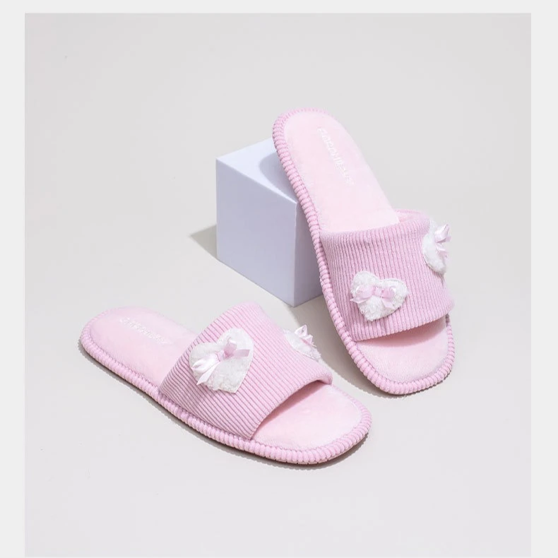 

New Fall Women's Slippers Striped Corduroy with Cute Bow and Heart Decoration Comfortable House Shoes Women's Shoes