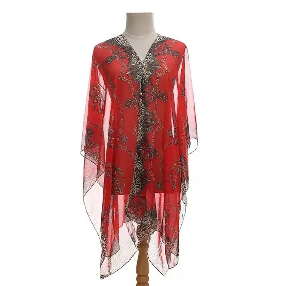 Breathable Big Chain Printed Shawl Long with Buckle Sunscreen Thin Large Scarf Polyester Lightweight Seaside Vacation Cloak