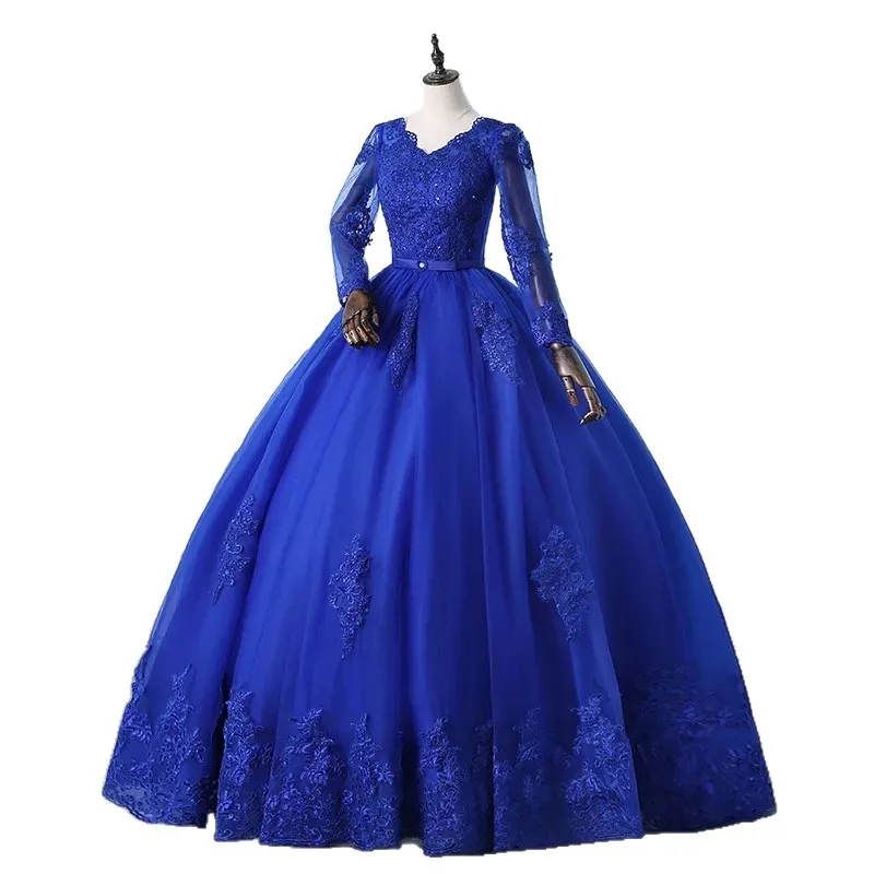 Abito da sposa elegante in pizzo con scollo a V a maniche lunghe Abito da ballo da sposa vintage Abiti da sera modesti Abito per occasioni formali personalizzato